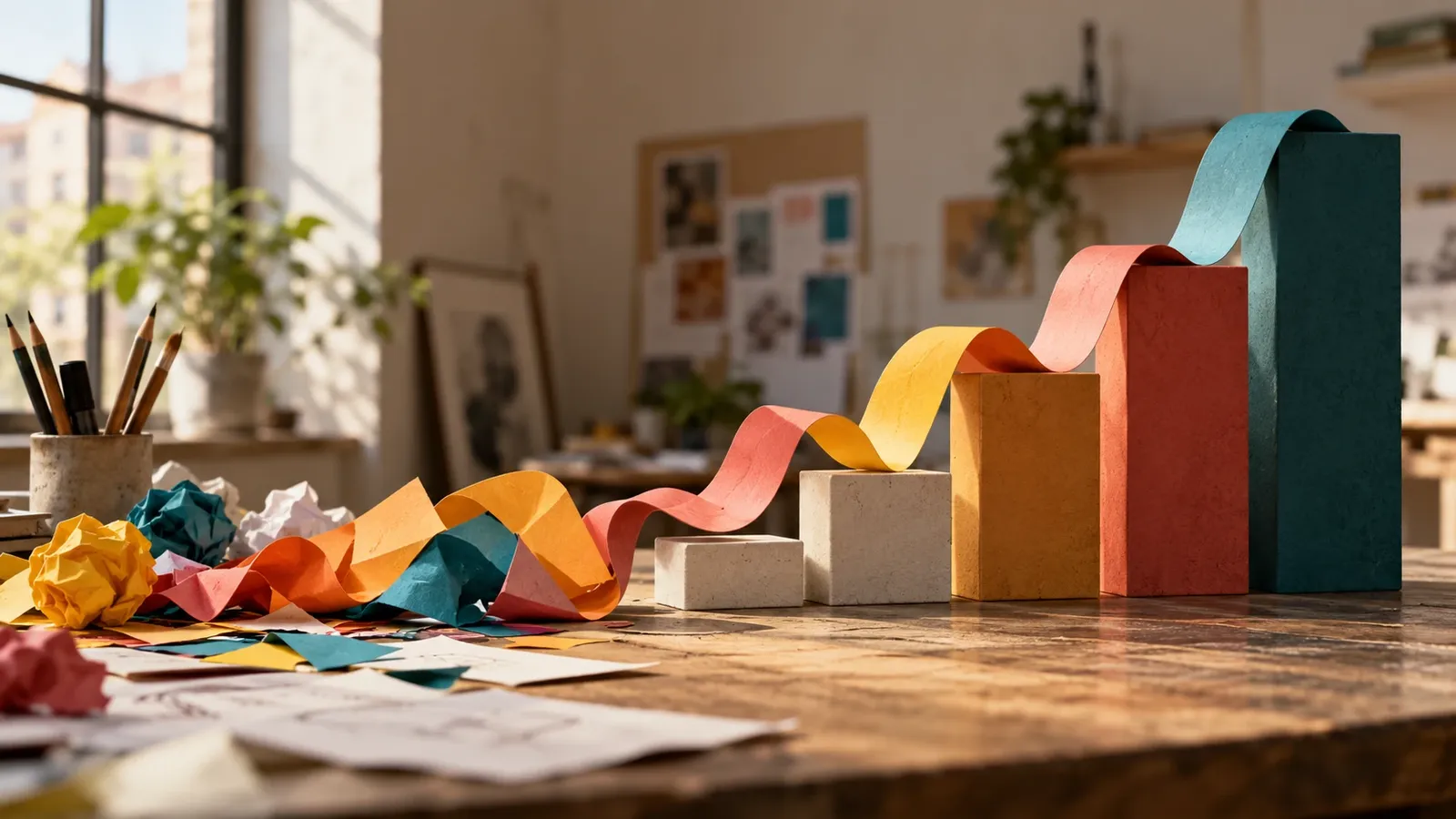 Colourful paper ribbons that turn from a messy pile into ever taller blocks, like a growth chart on a work table.