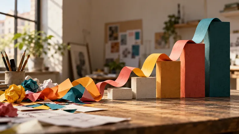 Colourful paper ribbons that turn from a messy pile into ever taller blocks, like a growth chart on a work table.