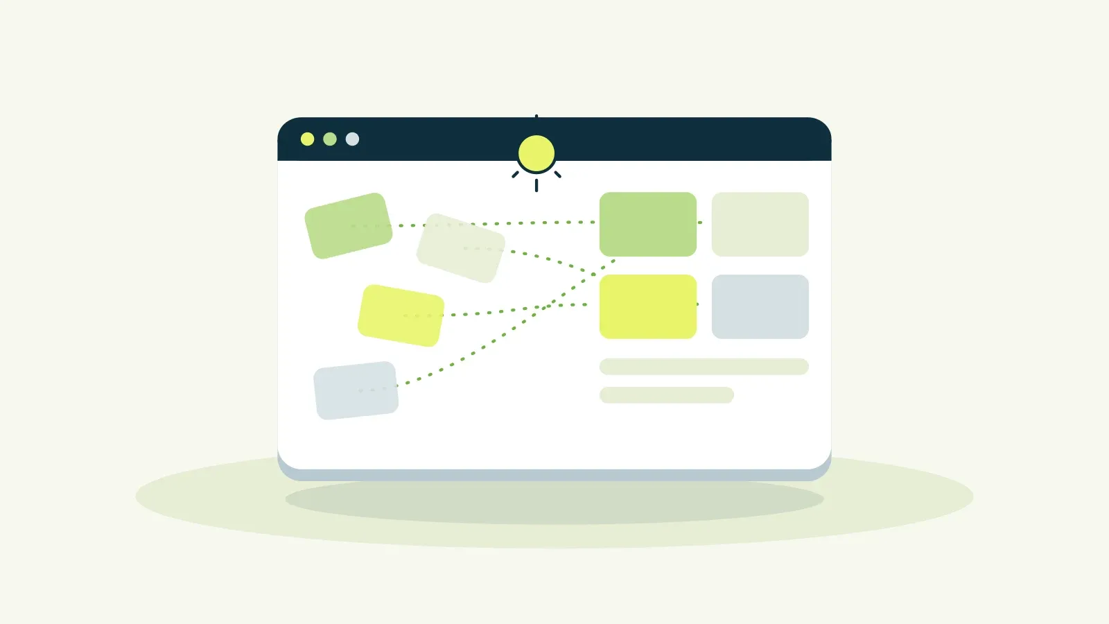 Illustratie: een scherm waarop losse blokken zichzelf ordenen tot een overzichtelijke interface.
