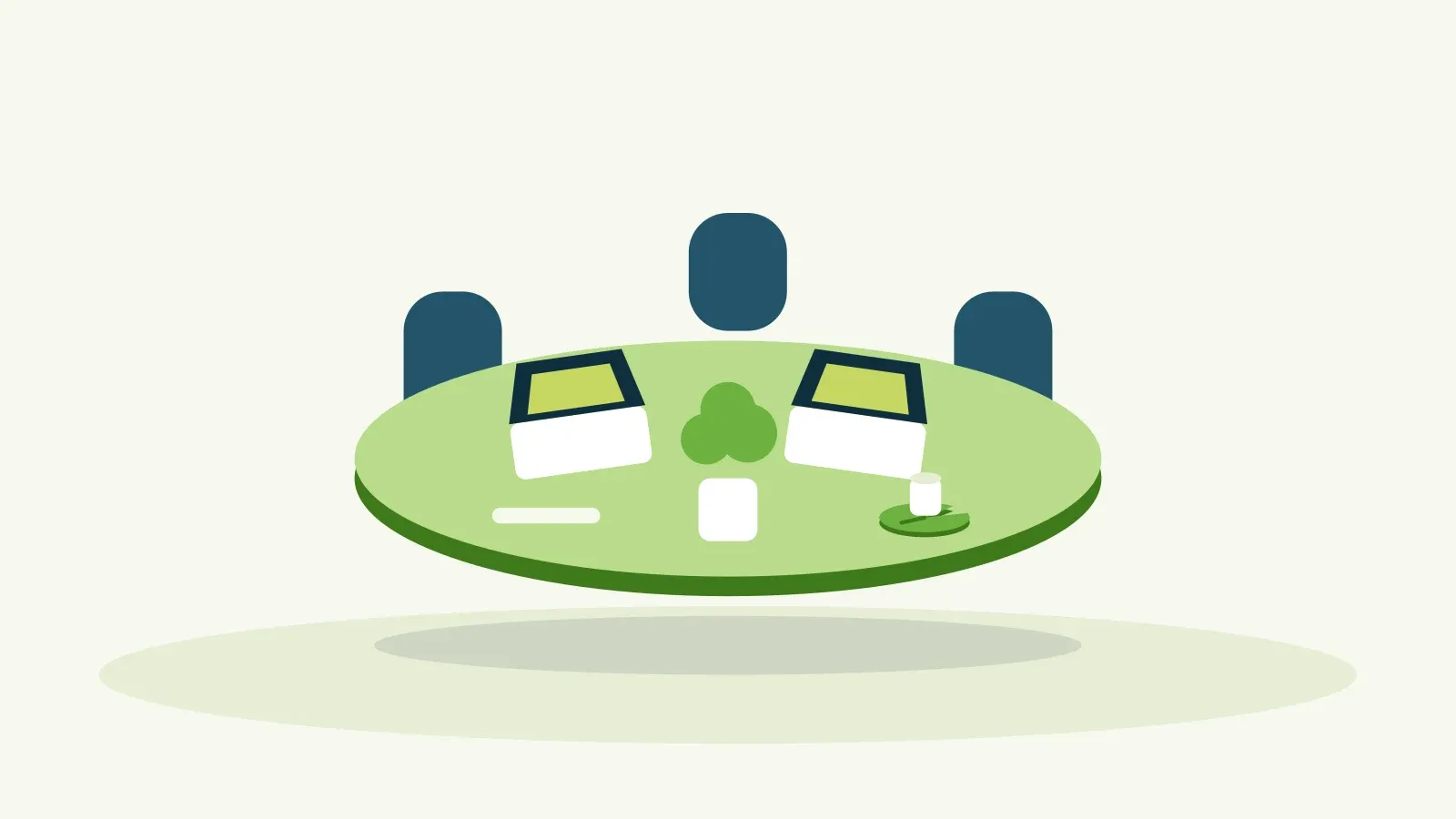 Illustratie: een gedeelde werktafel met laptops, een plant en een waterlelie-onderzetter.