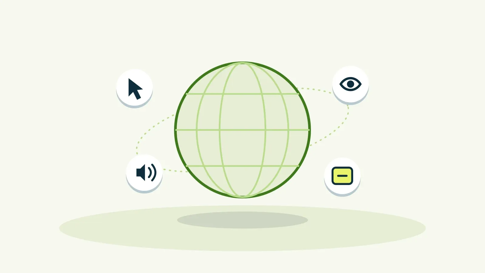 Illustratie: een wereldbol omringd door symbolen voor bediening: cursor, oog, geluid en toets.