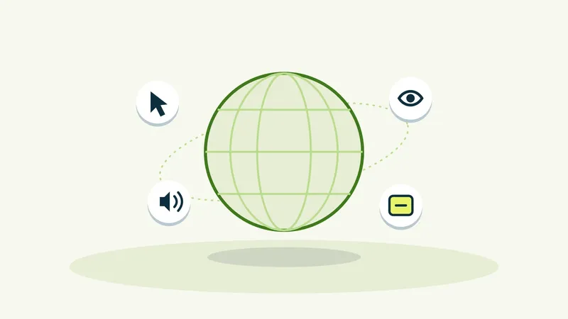 Illustratie: een wereldbol omringd door symbolen voor bediening: cursor, oog, geluid en toets.