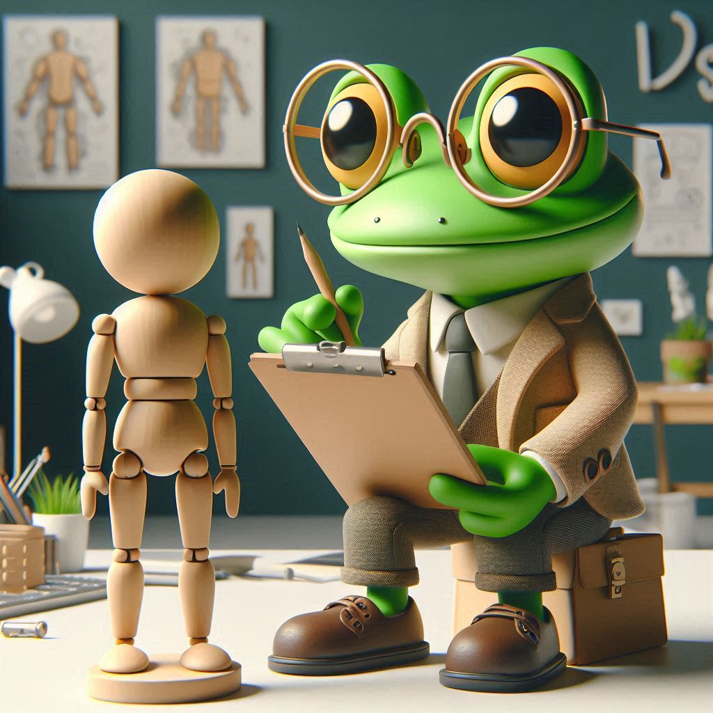 a cartoon frog sitting on a chair next to a wooden doll