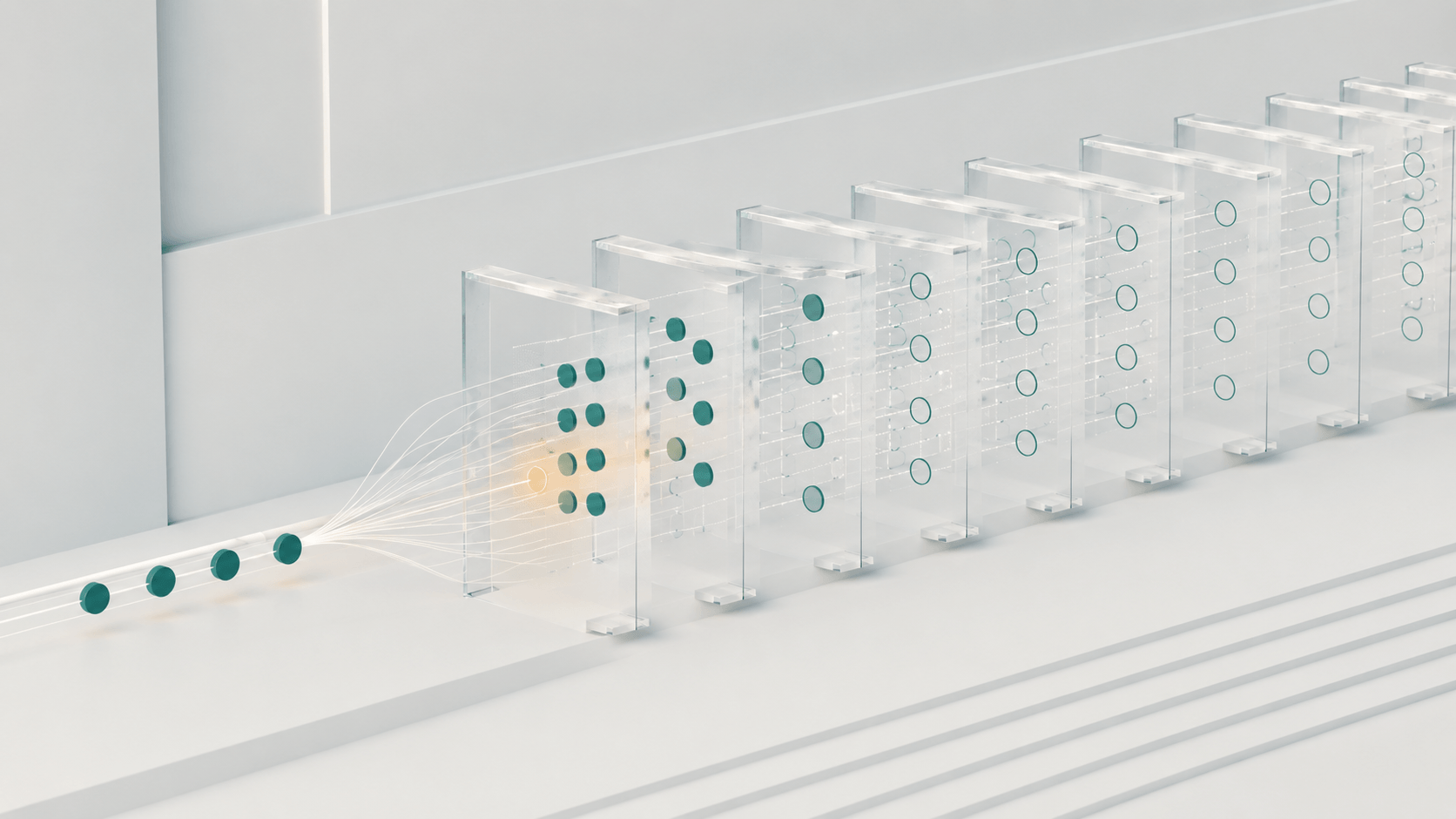 A minimalist 3D illustration shows a series of transparent glass panels arranged diagonally in a bright, off-white space. Teal circles flow through the first panels, gradually changing from solid dots to outlined rings before stopping. A single warm amber glow marks the point where the progression breaks, symbolizing lost momentum or an interrupted process. Thin white connecting lines, soft shadows, and subtle reflections create a clean, analytical, and modern aesthetic with generous negative space.