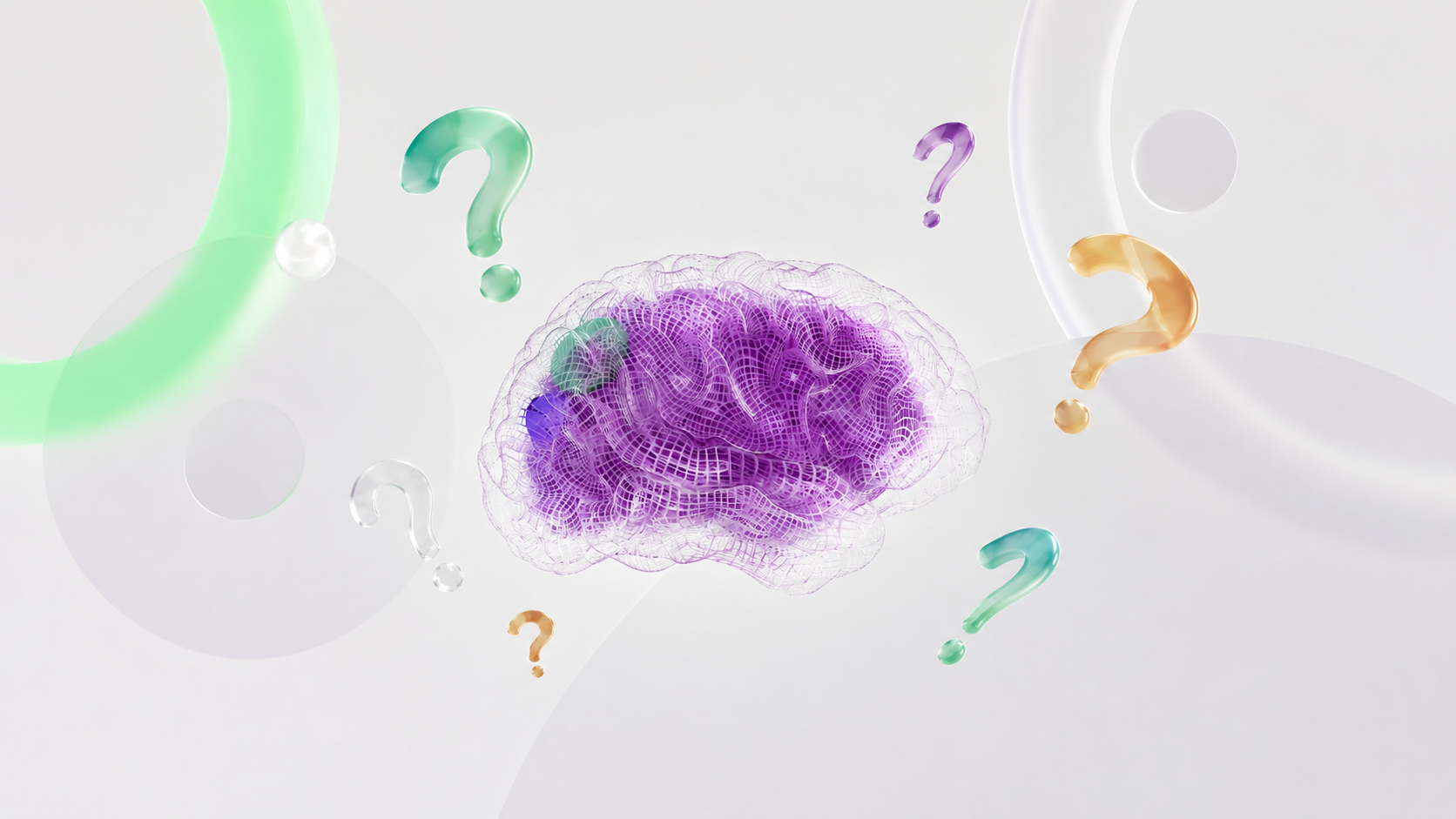A purple wireframe brain surrounded by colorful question marks.